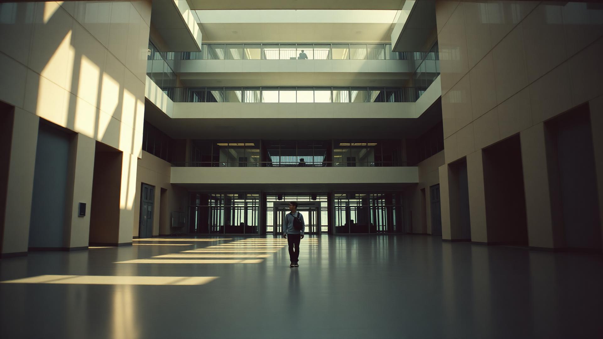 A student walking through a university atrium