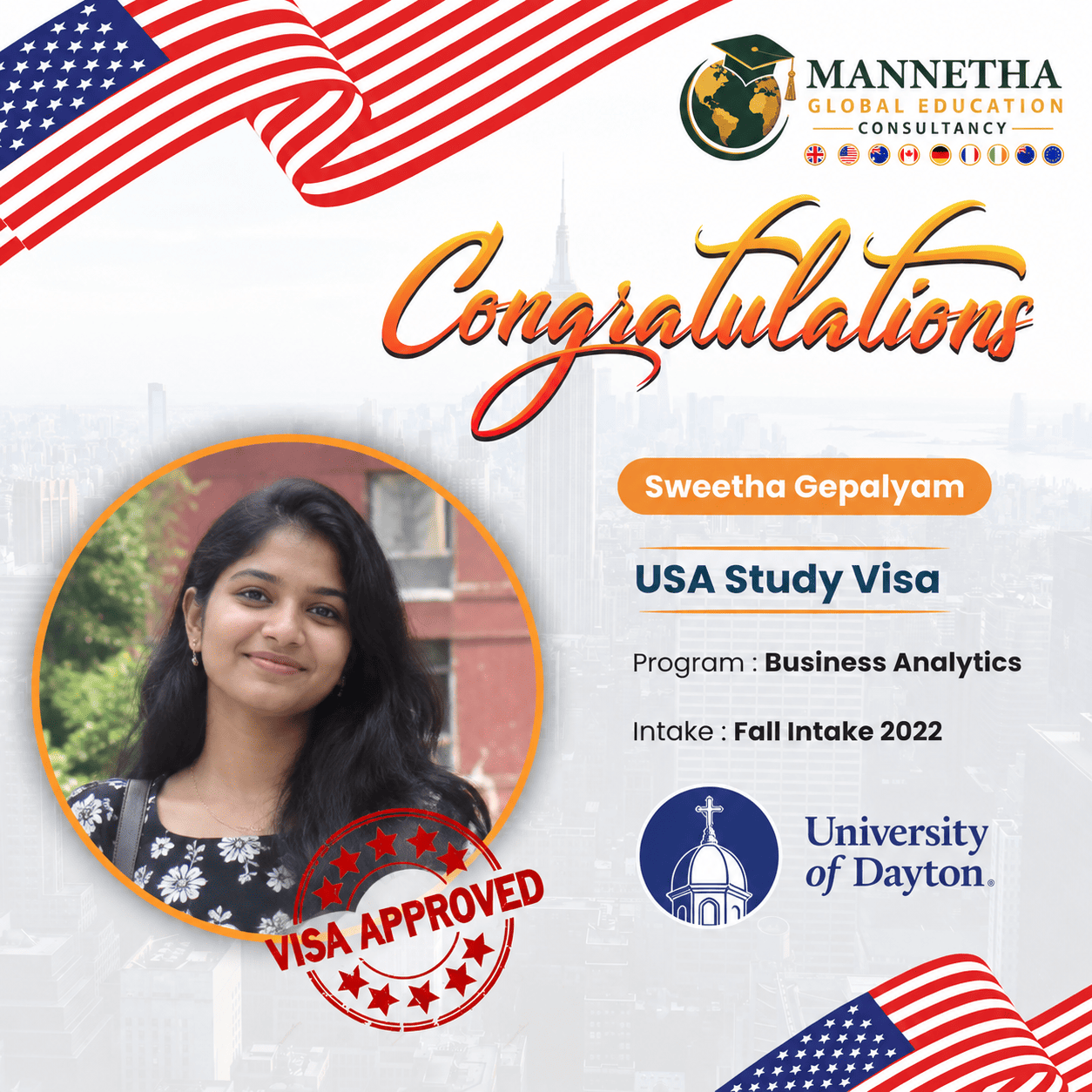 Sweetha Gepalyam USA study visa approval